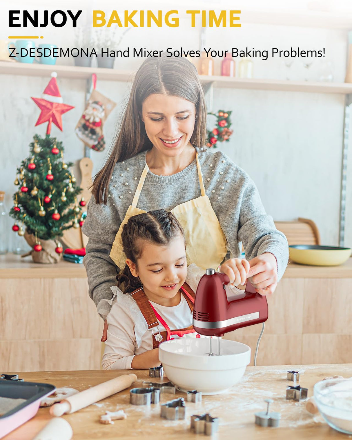 Z-DESDEMONA Electric Hand Mixer, Powerful 300W Hand Mixer Electric Handheld with 304 Beaters, Dough Hook, Hand Held Mixer with Turbo for Baking Cakes, Eggs, Cream Food(Red) Z-DESDEMONA