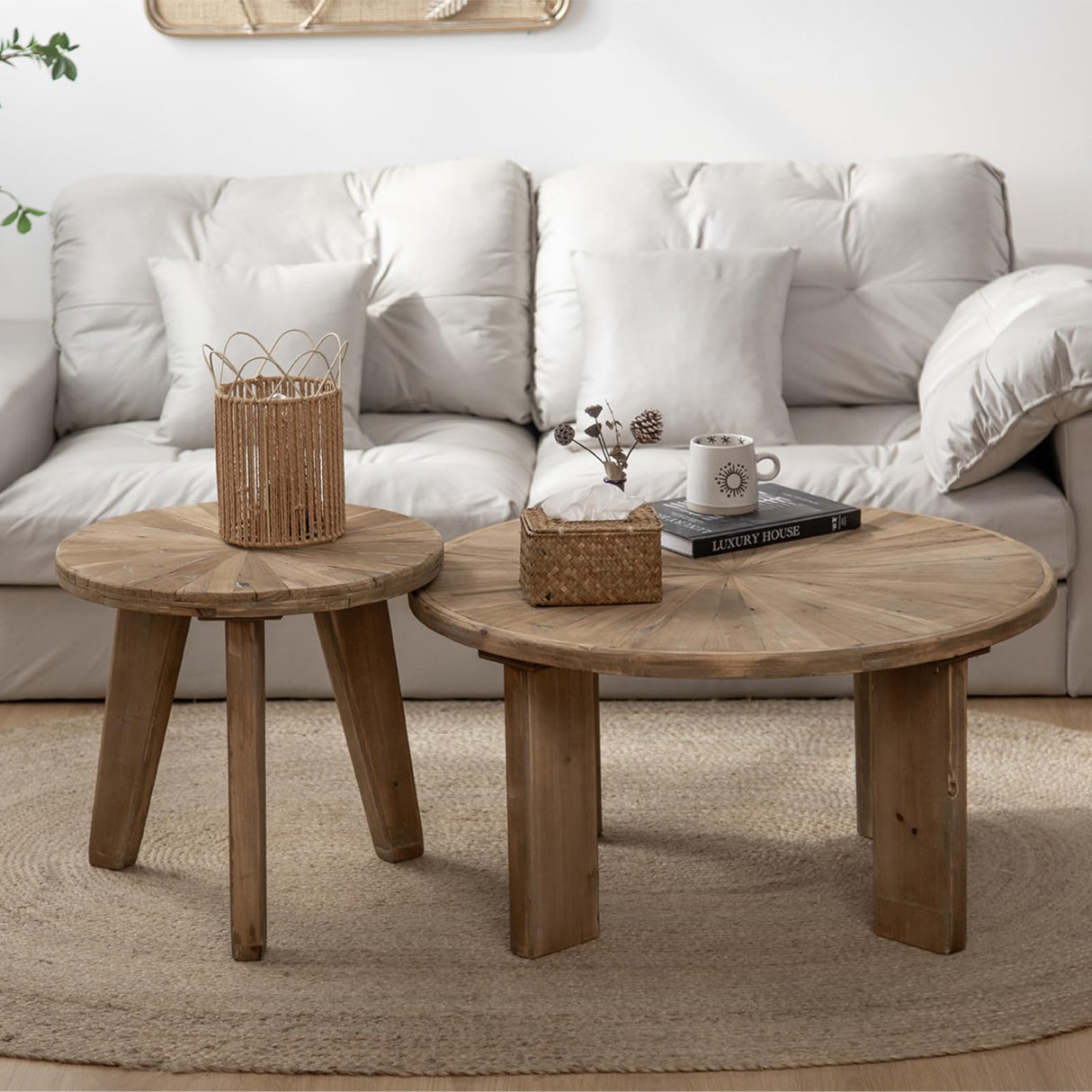 HuiDao Farmhouse Living Room Coffee Table Set of 2, Modern Circle Nesting Table Round Natural Finish with Handcrafted Old Solid Wood, Wooden Unique Coffee Table HuiDao