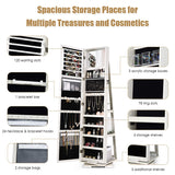 CHARMAID 360° Swivel Jewelry Armoire with Higher Full Length Mirror & Inside Makeup Mirror, Standing Lockable Jewelry Cabinet Organizer, Large Capacity, Back Storage Shelves (Grayish White) CHARMAID