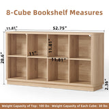 Joaxswe 8 Cube Storage Book Shelf, 52" Long Horizontal Bookshelf with Curved Edge, Floor Standing Wooden Cubby Bookcase with Base, Modern Low Console Book Case, TV Stand for Living Room, Natural Oak Joaxswe