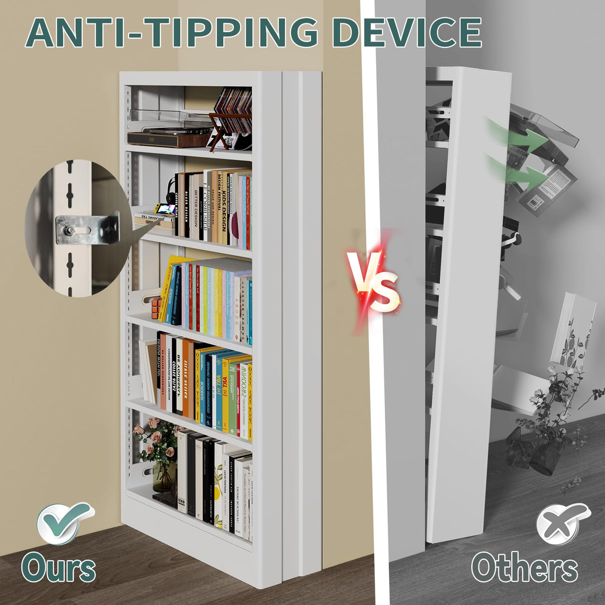 FogQueen 71" Metal Book Shelf,5 Tier Bookshelf with Adjustable Shelves,White Bookshleves and Bookcases,Heavy Duty Library Book Case,Modern Open Bookshelf for Living Room,Bedroom,Office (White) FogQueen