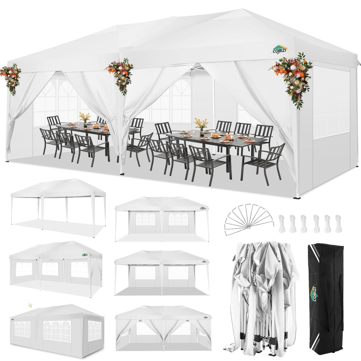 COBIZI Canopy 10x20 Pop Up Canopy with 6 Sidewalls,Waterproof Canopy Outdoor Event Shelter UPF 50+ Gazebo Portable Tents for Parties Beach Camping Wedding Commercial Instant Easy up Canopy 10x20,White COBIZI