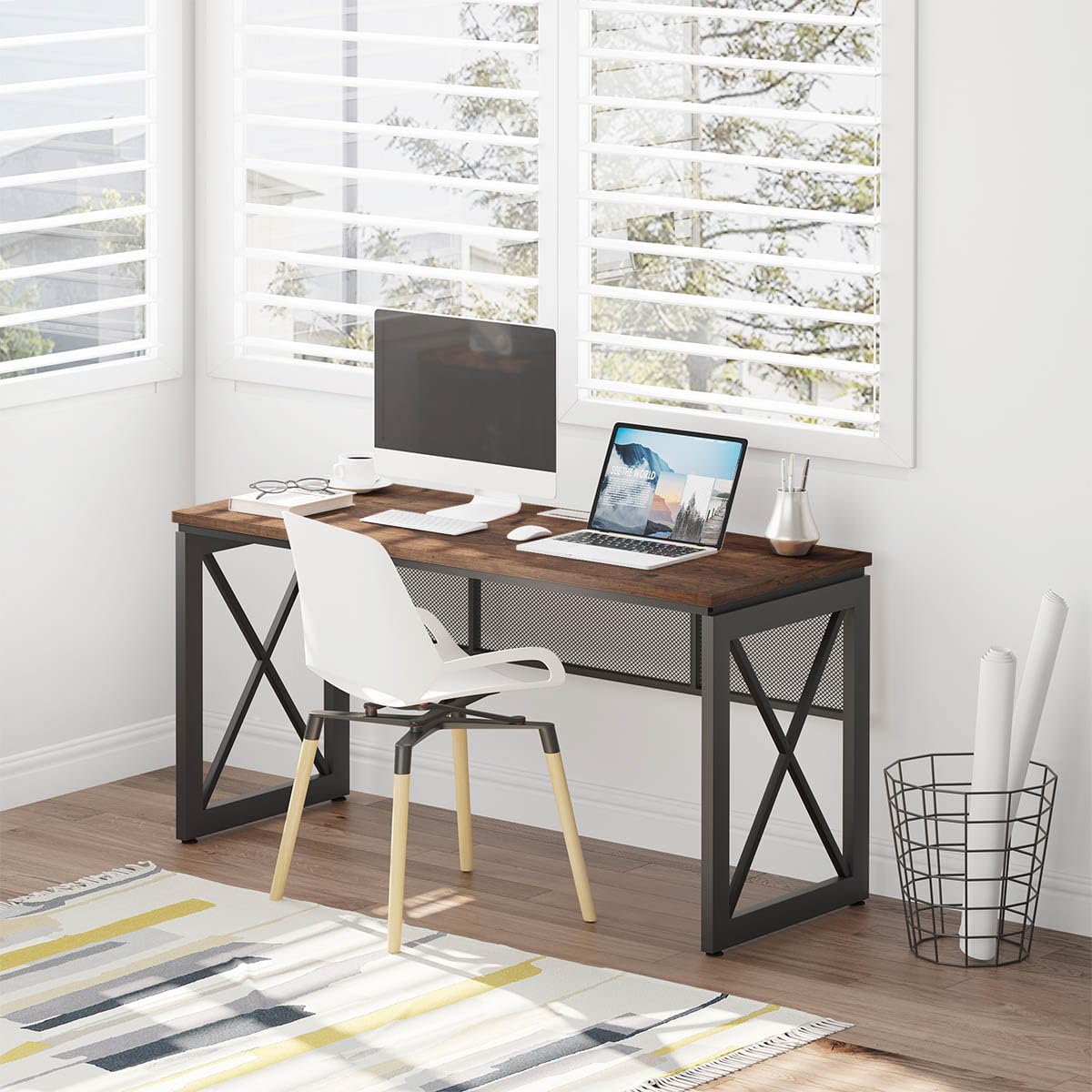 BON AUGURE 60 Inch Computer Desk for Home Office, Industrial Metal Wood Desk, Farmhouse Large Writing Desk, Modern Sturdy Gaming Desk (Rustic Oak) BON AUGURE