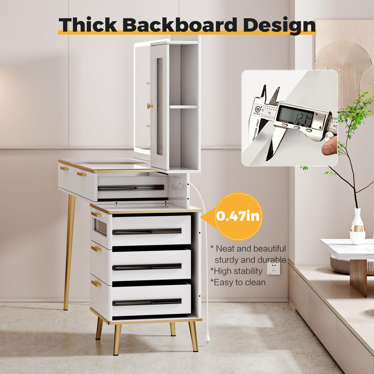 Arulvmrn Makeup Vanity Desk with Mirror and Lights, 48" Big Modern Vanity Desk with 5 Drawers & Shelves, Dressing Table with Charging Station, Glass Top Vanity Table for Bedroom,White Arulvmrn