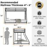 Zevemomo Twin Over Full Size Bunk Bed, Metal Low Profile Bunkbeds with Full-Length Guardrail and Ladder, Space Saving, No Boxing Spring Needed, Black Zevemomo