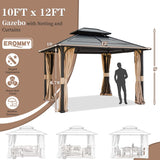 EROMMY 10' x 12' Metal Steel Gazebo, Outdoor Aluminum Hardtop Canopy with Netting and Shaded Curtains, Double Roof Pergolas, Permanent Metal Pavilion for Patio, Backyard, Deck, Lawn, Poolside EROMMY