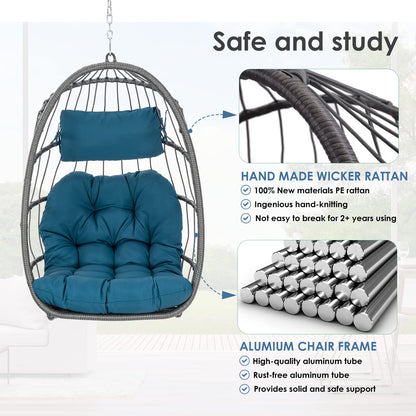 Hanging Egg Chair - Patio Rattan Wicker Swing Egg Chair Hammock Chair for Indoor Outdoor Bedroom Garden - Aluminum Steel Frame UV Resistant Cushion (Aluminum-Without Stand, Teal Blue) - WoodArtSupply