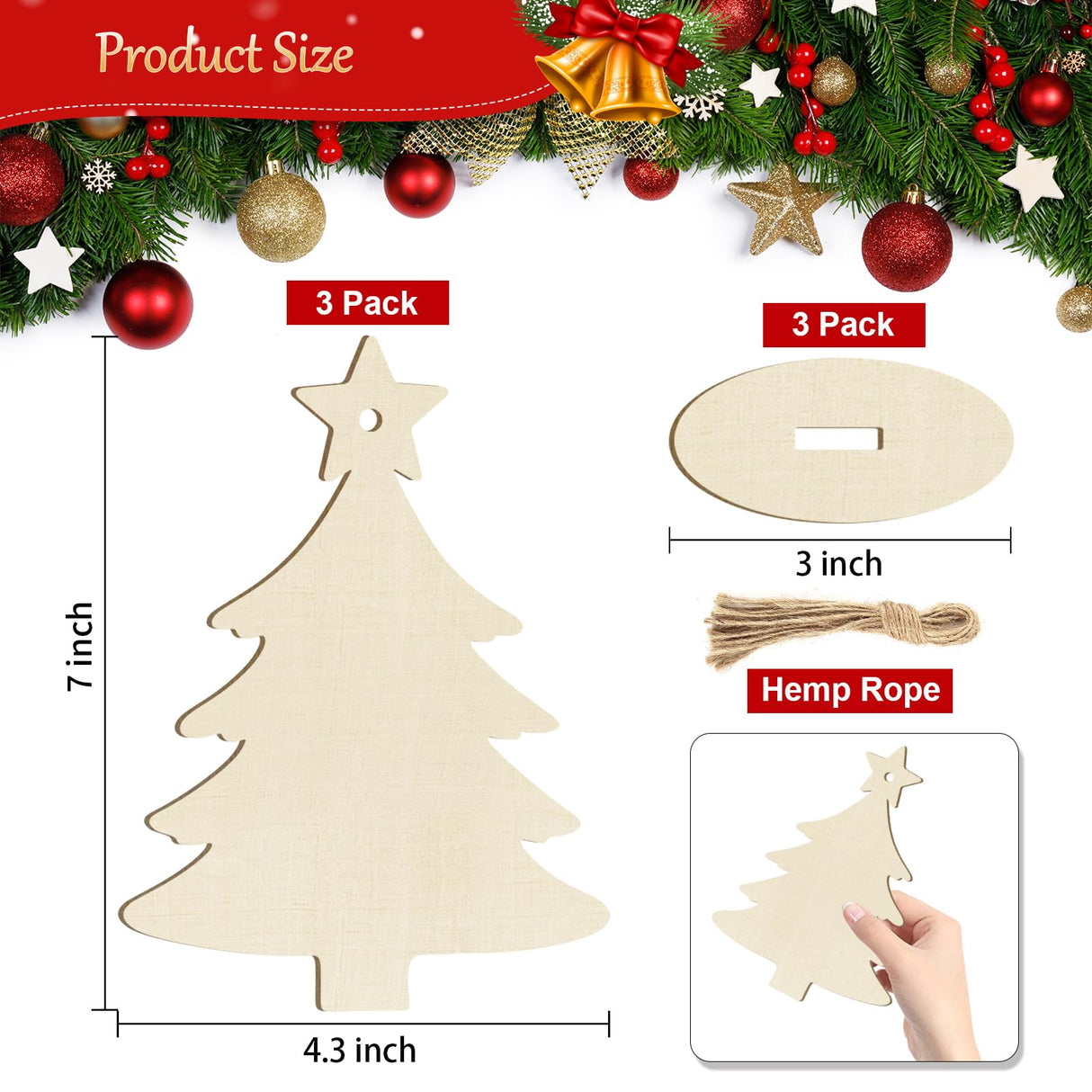 Wooden Christmas Ornaments to Paint Christmas Tree Decoration Cutouts Unfinished 3Pack 7 inches, Wood DIY Blank Christmas Tree Table Sign Ornament for Home Crafts Hanging Decoration with String Base Sophena