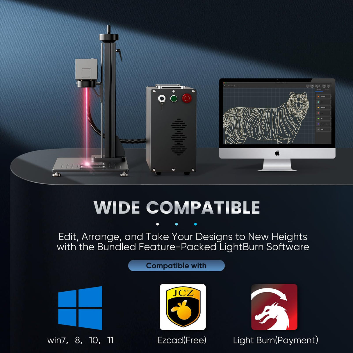 Monport 30W Fiber Laser Engraver＆Rotary Axis with Lightburn,MOPA Laser Marking Machine with 6.9" x 6.9" Lens Red Dot Guide for Metal Color Marking for Aluminum Gold Steel More Monport