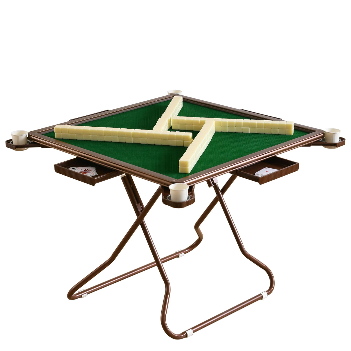 MJTABLE 4 Player Card Mahjong Table, Portable Folding Table,with 4 Cup Holders & 4 Chip Grooves Foldable Game Puzzle Table Both Indoor & Outdoor Use,for Table Games MJTABLE