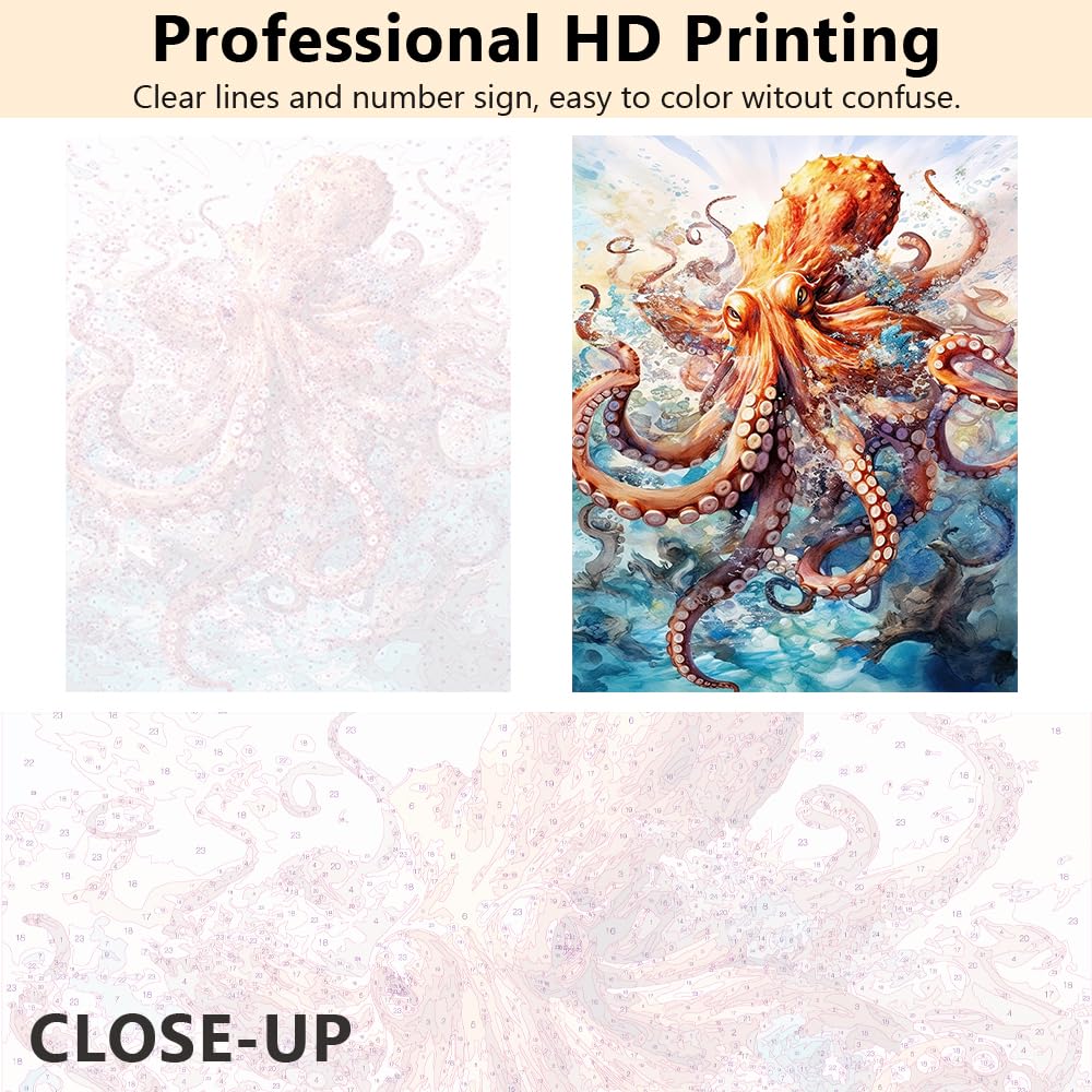 TUMOVO Paint by Numbers for Adults Beginner Octopus Paint Number Kits Sea Animals Adult Paint by Number Sea View Adult Paint by Number Kits DIY Oil Painting Kits Gift for Kids, 16 x20 Inch TUMOVO
