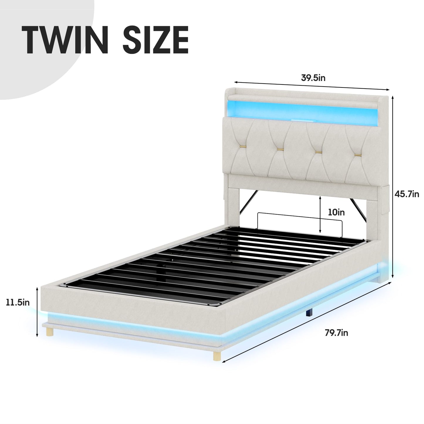 Fameill Twin Size Lift Up Storage Bed Frame, Storage Headboard with Charging Station, LED Lights Upholstered Platform Bed, No Box Spring Needed, Noise-Free, Beige White