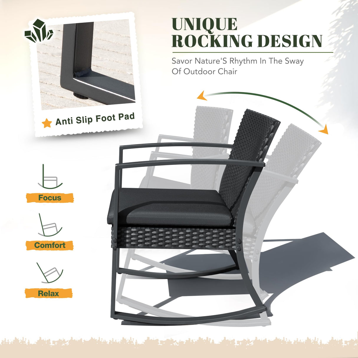 Devoko PP Patio Furniture Set 3 Piece All Weather Outdoor Rocking Chairs with Cushions and Coffee Table for Bistro Balcony Porch (Black) Devoko