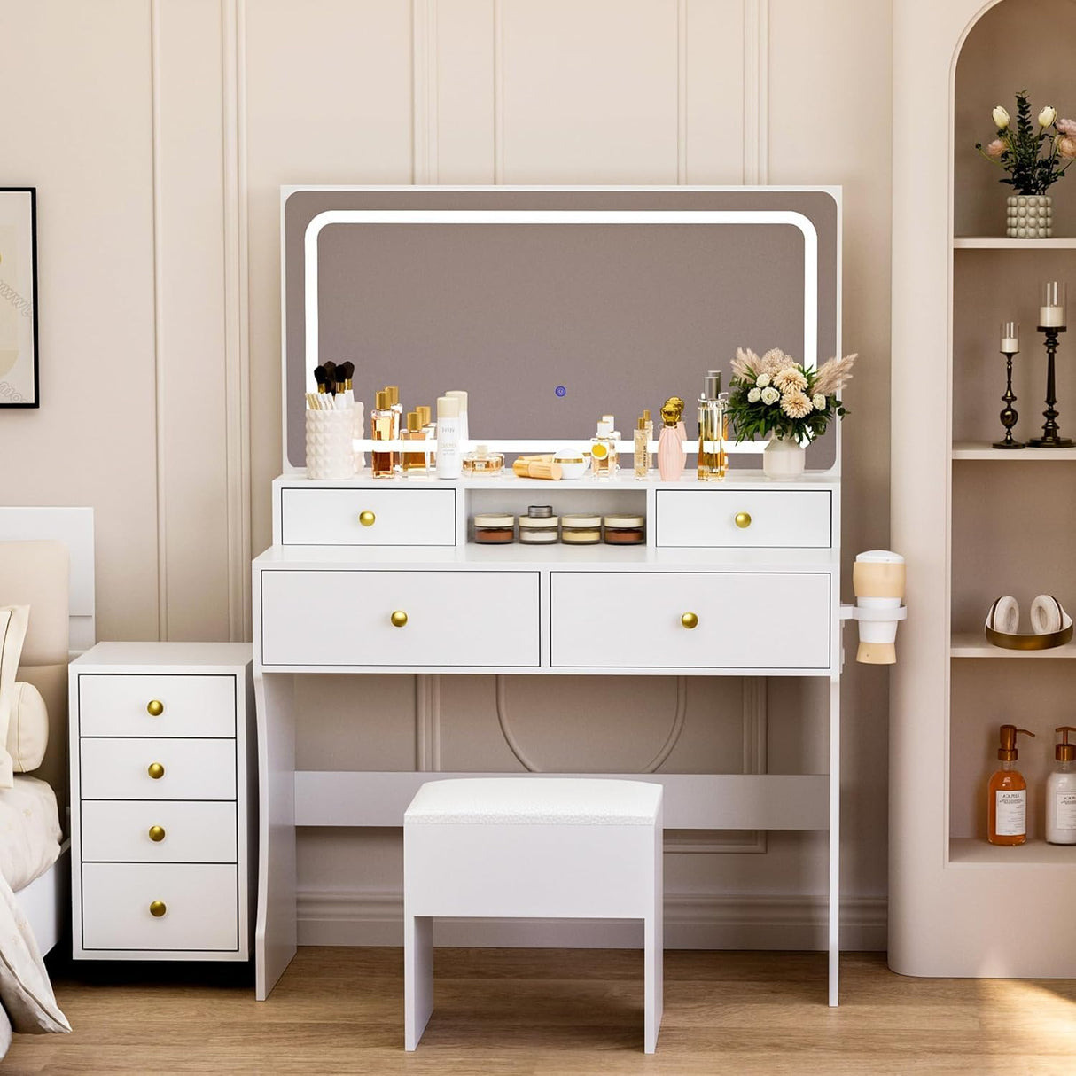 Pamapic Vanity Desk with File Cabinet, 8 Drawers Makeup Vanity with Mirror and Lights,3 Lighting Modes Dressing Table with Chair, Power Outlet, Silent Slides, White Pamapic