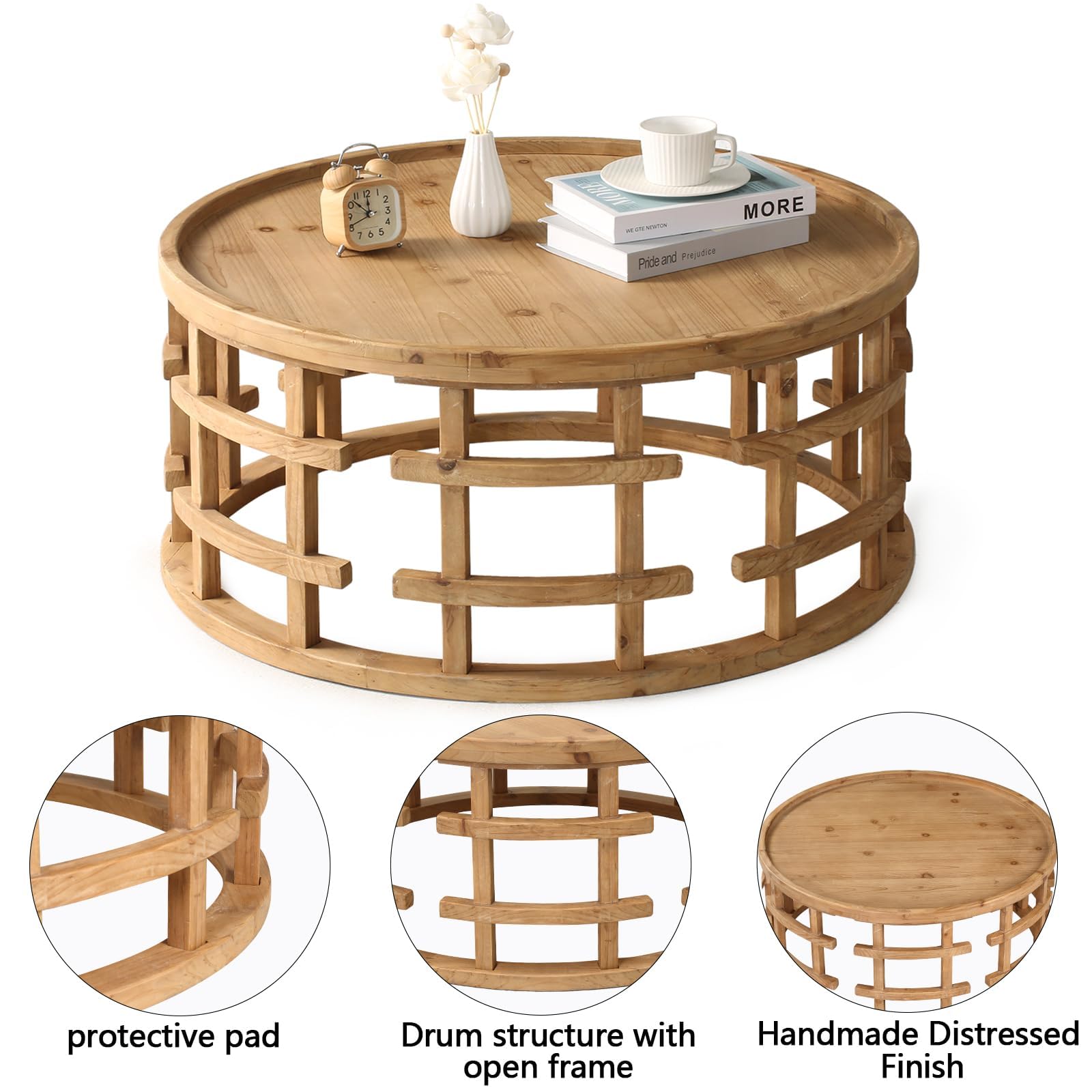 RUSTOWN Farmhouse Round Coffee Table, French Country Sofa Tables,Rustic Soild Wood Finish with Openwork Pattern and Curved Frame Base, Boho Handcrafted Wooden Coffee Table for Living Room, Na - WoodArtSupply