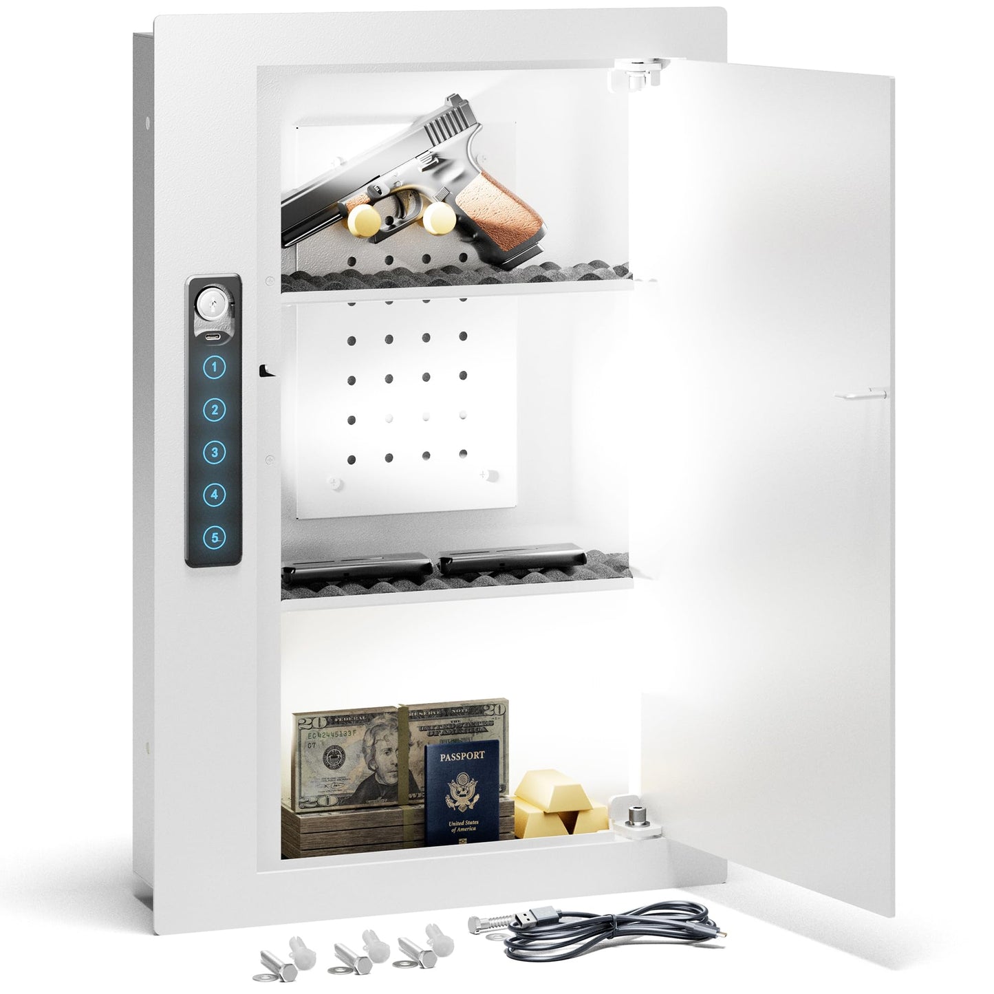 Grimtron Quick Access Wall Gun Safe with Removable Pegboard & Shelfs, Flat Hidden White Wall Safes Between the Studs 16" Centers, Wall Mount Safe for Handgun, Clips, Valuables