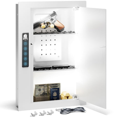 Grimtron Quick Access Wall Gun Safe with Removable Pegboard & Shelfs, Flat Hidden White Wall Safes Between the Studs 16" Centers, Wall Mount Safe for Handgun, Clips, Valuables Grimtron