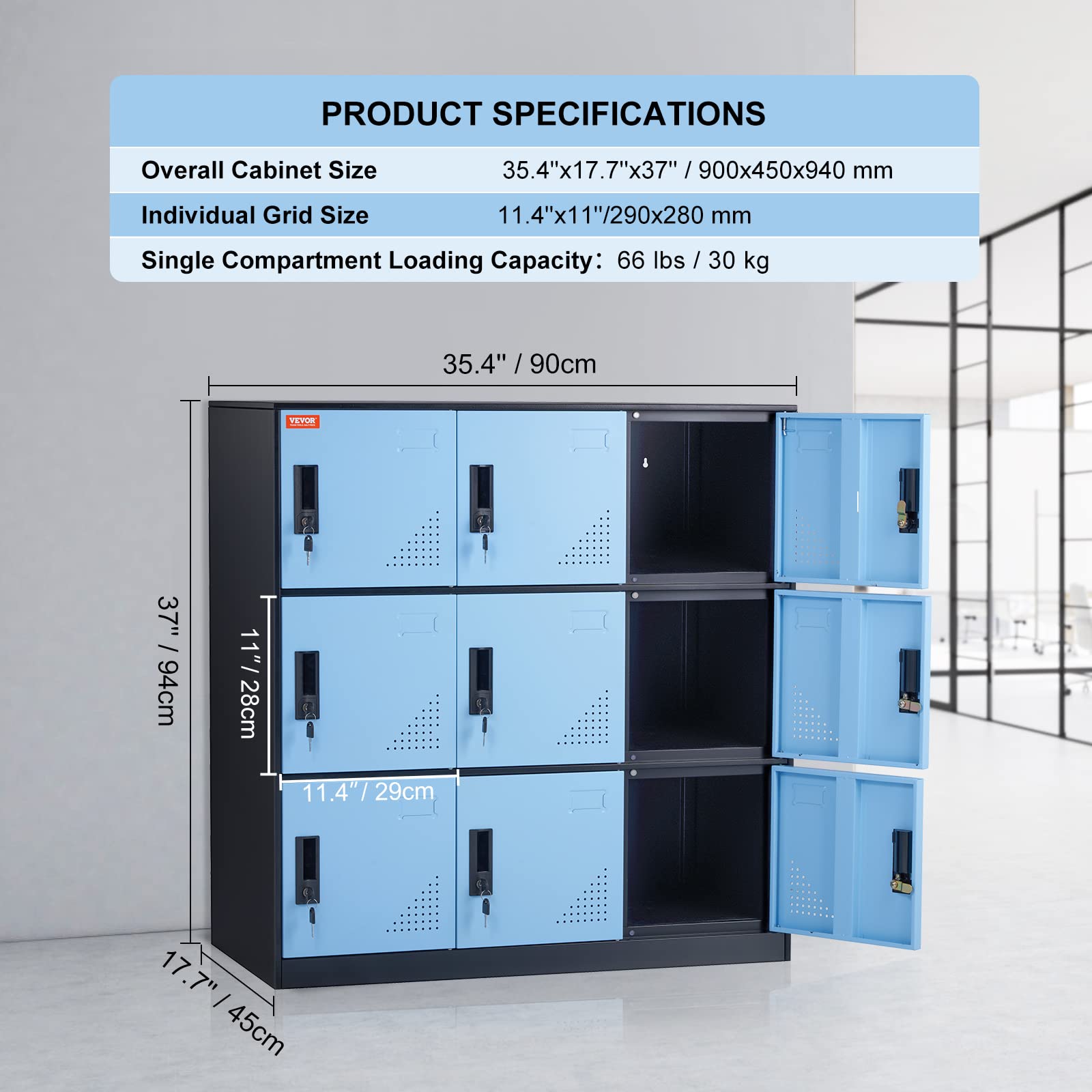 VEVOR Metal 9 Doors Cabinet with Card Slot, Employee Keys, 66lbs Loading Capacity Storage Lockers for Office, Home, School, Gym, Black-Blue - WoodArtSupply