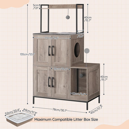 HOOBRO Cat Litter Box Enclosure Furniture, 2 in 1 Hidden Litter Box Furniture with Shelf, Double Litter Box Cabinet with 2 Danging Plush Balls and 1 Toy Ball, Greige and Black BG78MW01