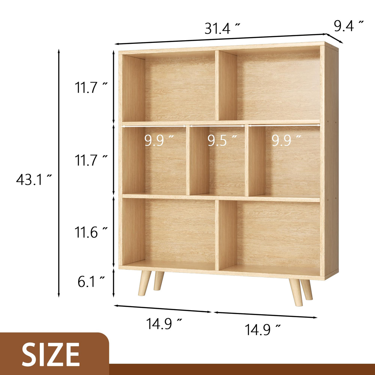 Shintenchi Wooden 7 Cube Bookshelf, 3 Tier Bookcase with Legs, Modern Open Storage Organizer Shelf,Display Cabinet Shelf Free Standing Bookshelves for Bedroom,Living Room,Office,Natural Shintenchi