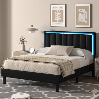 IMMERSTABLE Full Size Bed Frame with LED Lights, Full Bed Frame, Upholstered Bed Frame Full with Headboard, Heavy Duty Wood and Metal Slats Support, Noise-Free, No Box Spring Needed, Easy Assembly