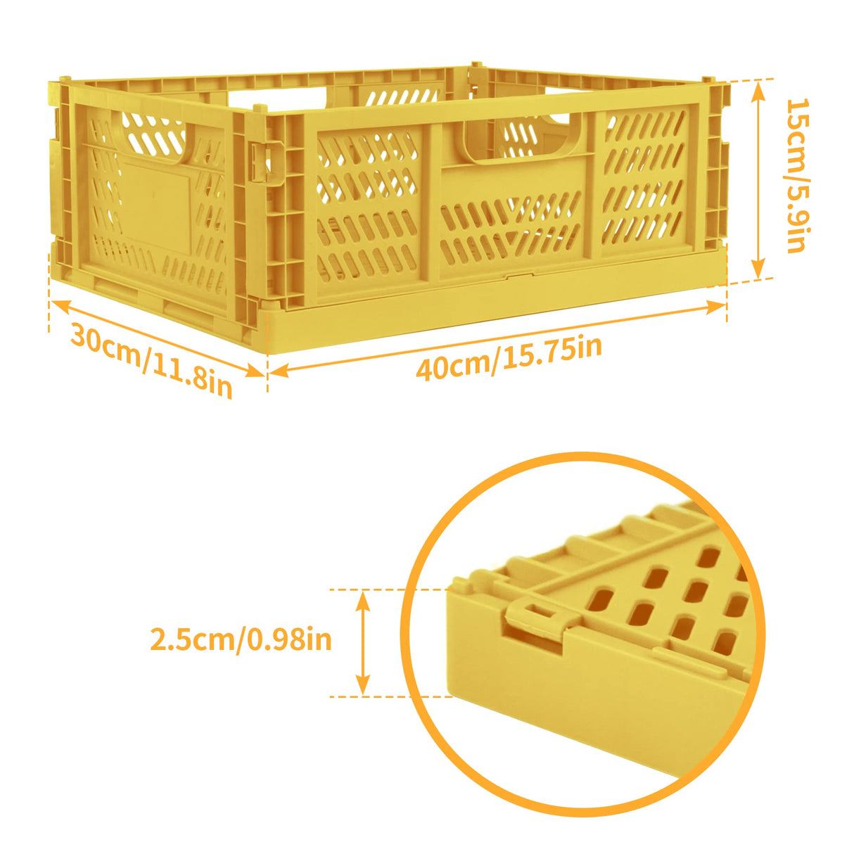 Domiella 2-Pack Crates for Storage, Storage Crates Plastic Stackable, Foldable Crate for Office Home Kitchen Bedroom Bathroom (Large, Golden Yellow) Domiella