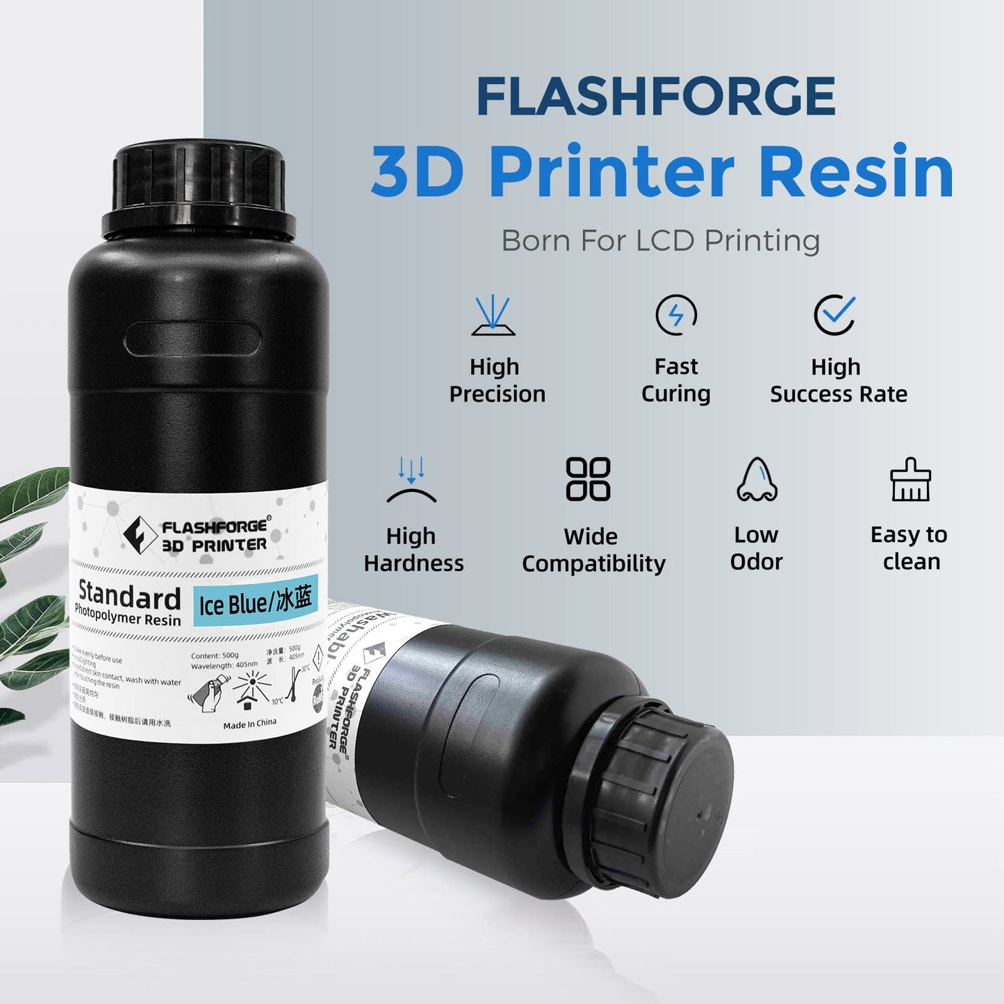 FLASHFORGE 3D Printer Resin, LCD UV-Fast-Curing Resin 405nm Standard Photopolymer Resin for LCD 3D Printing with High Precision Printing, Low Odor (Ice Blue, 500G)