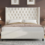 Jocisland Queen Size Bed Frame Velvet Upholstered Platform Bed with 51.6" Tall Wingback Headboard Deep Button Tufted, No Box Spring Needed, Cream Jocisland