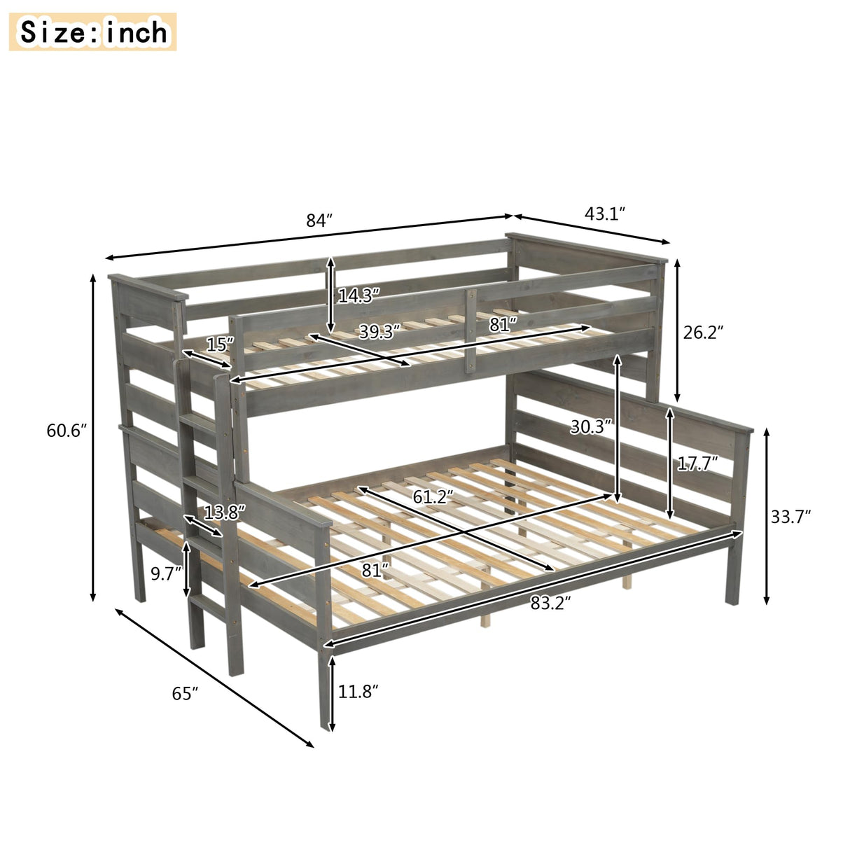 Linique Wood Twin XL Over Queen Bunk Bed with Ladder,Detachable Design Twin-Over-Queen Bunk Bed Frame with Guardrail,Can be Separate into 2 Platform Bed,Gray Linique