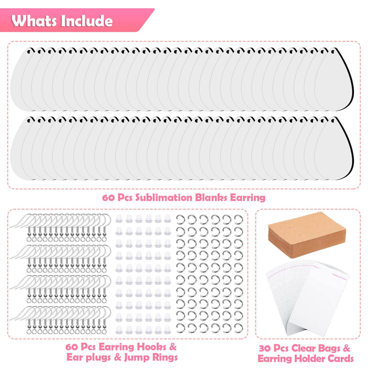 60 Pieces Sublimation Blanks Products, modacraft Sublimation Blank Earrings with Earring Hooks Jump Rings Ear Plugs Holder Cards Bags for Jewelry DIY Making Modacraft