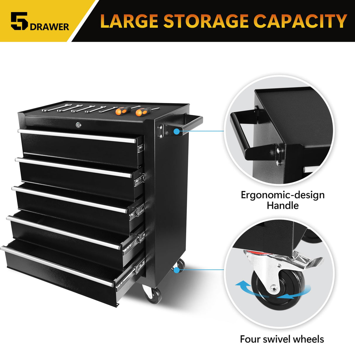 30 inch Rolling Tool Box with Drawers and Lock,Black Tool Chest On Wheels,24 Inch Wide Rolling Tool Cart with Toolbox Organization for Mechanics Garage Men BouPower