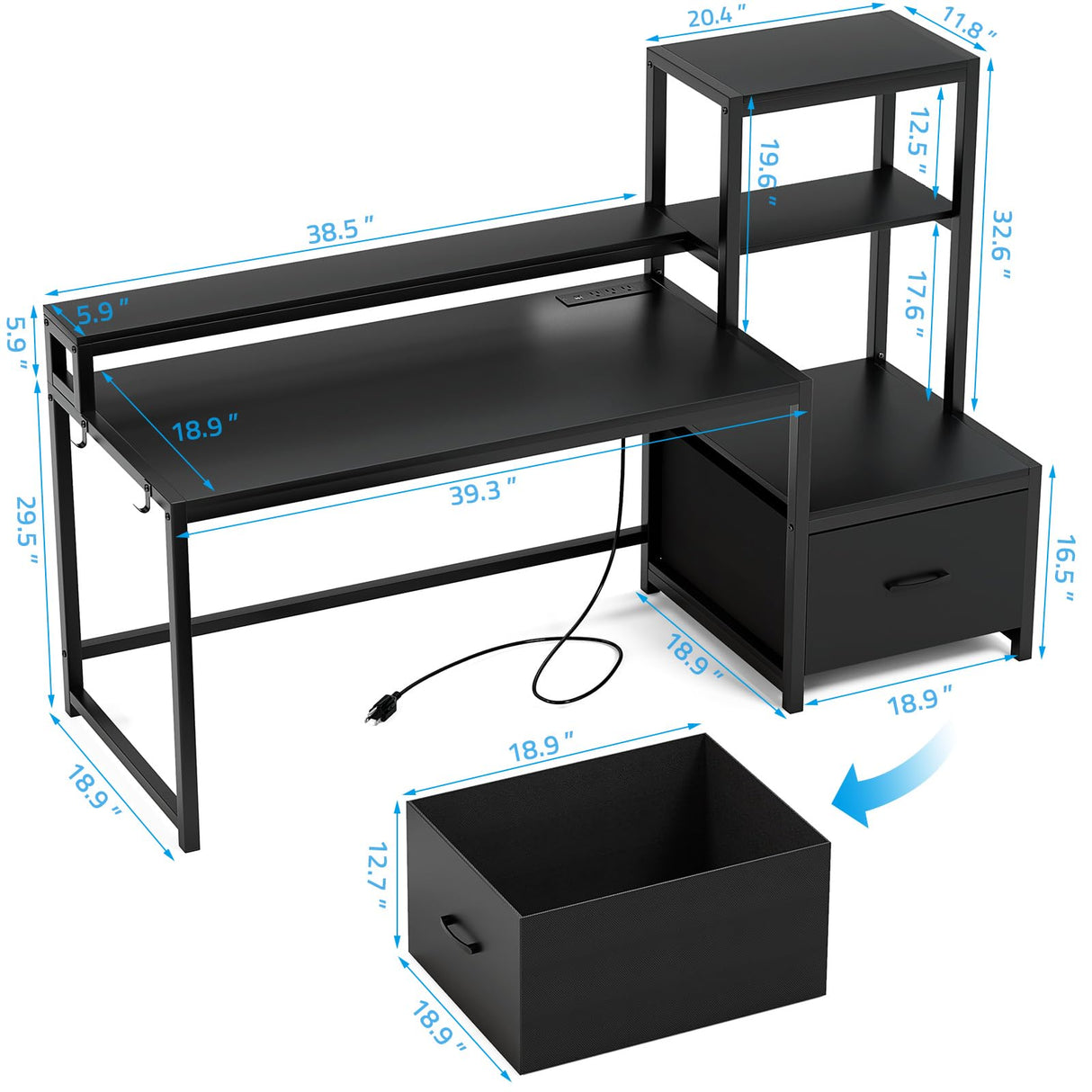 GreenForest Office Desk with Power Outlets and Printer Shelf, 59 inch Computer Desk with LED and Drawer, Reversible Gaming Desk with Storage for Home Study Working,Black GreenForest