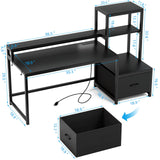 GreenForest Office Desk with Power Outlets and Printer Shelf, 59 inch Computer Desk with LED and Drawer, Reversible Gaming Desk with Storage for Home Study Working,Black GreenForest