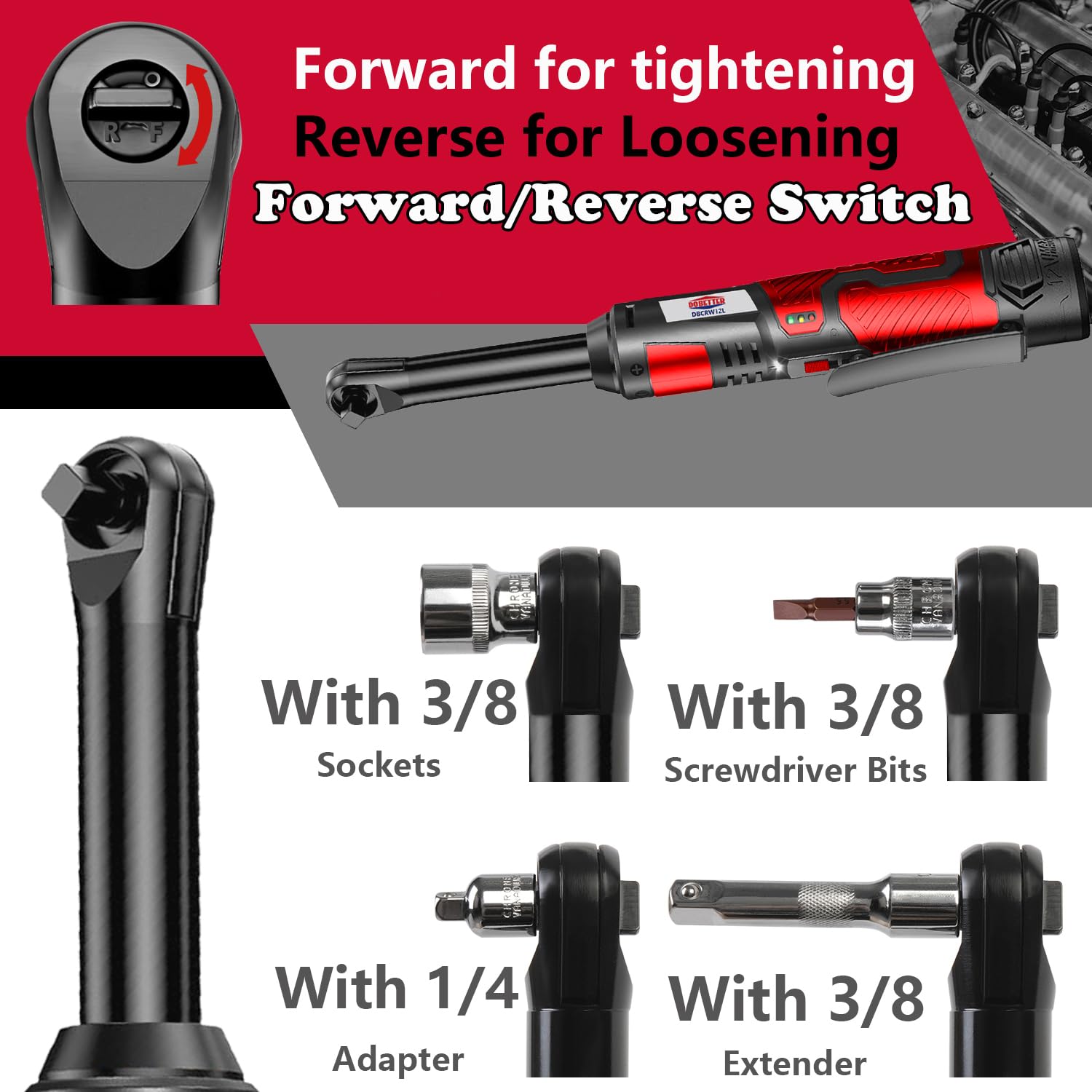 Dobetter Electric Ratchet Wrench 3/8 Cordless Ratchet Wrench Set, Extended 55 N·m Battery Powered Ratchet Tool with 7 Sockets, 2 Screwdrivers, 1 Extender, 1/4" Adapter and Bag-DBCRWI2L - WoodArtSupply