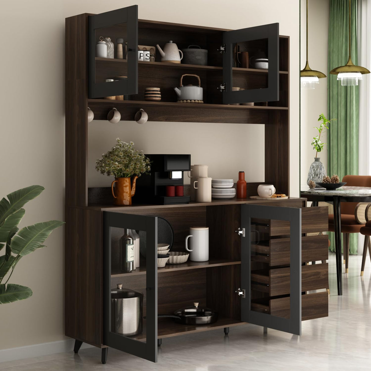 ECACAD Freestanding Kitchen Pantry Storage Cabinet with Glass Doors, Shelves & Drawers, Modern Sideboard Buffet Cabinet, Wood Kitchen Cupboard with Hutch and Hooks, Dark Brown ECACAD