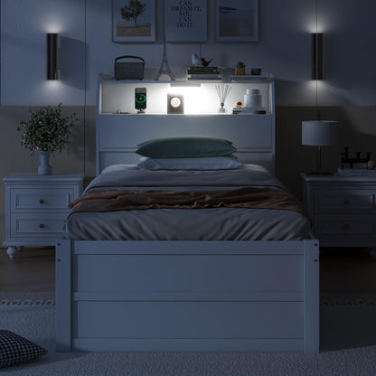 MERITLINE Twin Size LED Platform Bed with Trundle, Storage Drawers, and Bookcase Headboard in White - WoodArtSupply