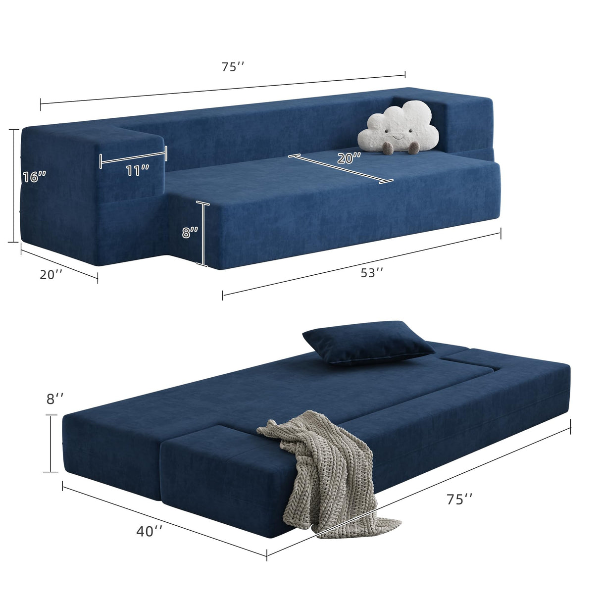 Luoxiao Folding Sofa Bed 2-in-1 Convertible Twin Sleeper Sofa Futon with 2 Pillows - Floor Couch & Bed Mattress for Apartments, College Dorms, Guest Room, Living Room, Navy Blue Luoxiao
