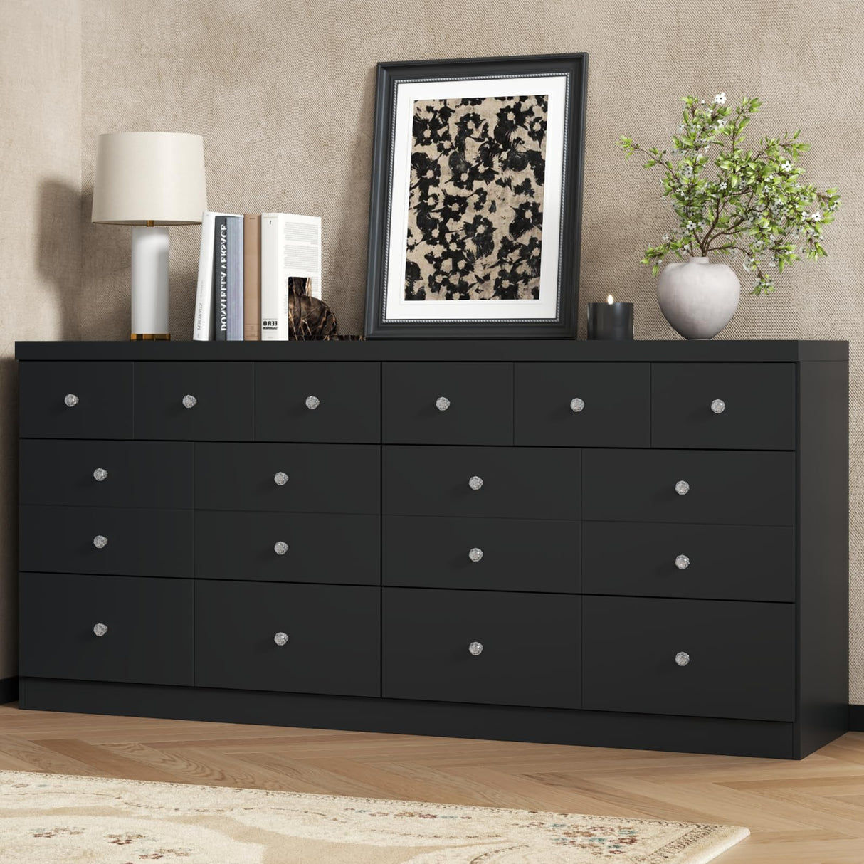 63'' Long Dresser for Bedroom, Double Wide Dresser 6 Drawer Dresser with 14 Organized Compartments, Modern Black Wood Dresser 6 Drawer with Glass Handles, Extra Large Chest of Drawers for Bedroom Gyfimoie
