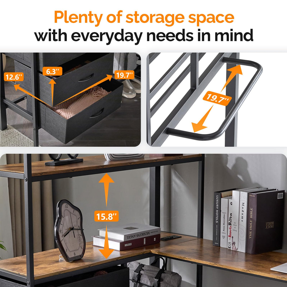 VINGLI Twin Metal Loft Bed Frame with L-Shaped Desk, Charging Station, LED Lights, Storage Shelve & Drawers, Safety Guardrail & Ladder, Bunk Bed for Kids, Teens & Adults, No Box Spring Needed, Black VINGLI