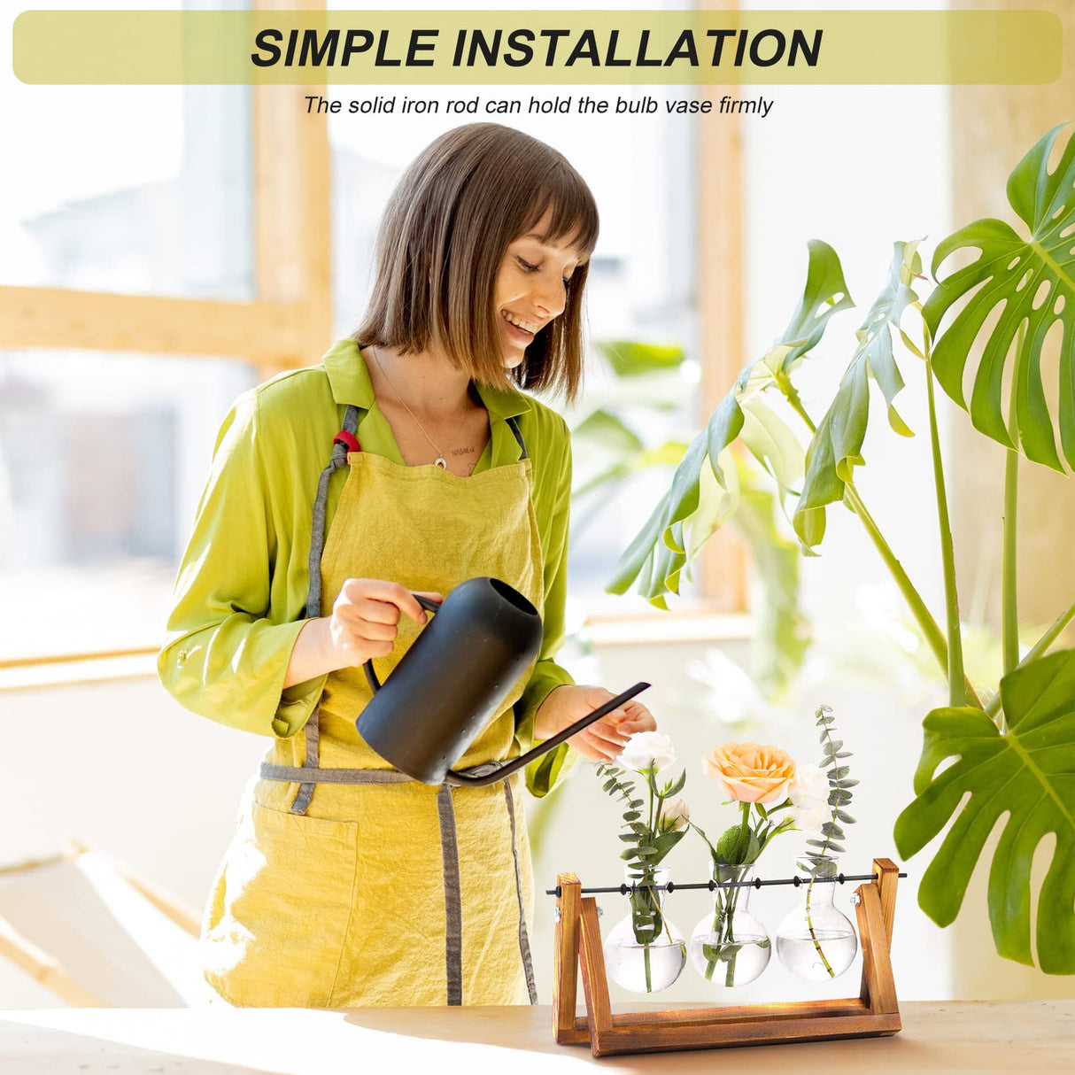 XXXFLOWER Plant Terrarium with Wooden Stand, Air Planter Bulb Glass Vase Metal Swivel Holder Retro Tabletop for Hydroponics Home Garden Office Decoration - 3 Bulb Vase XXXFLOWER