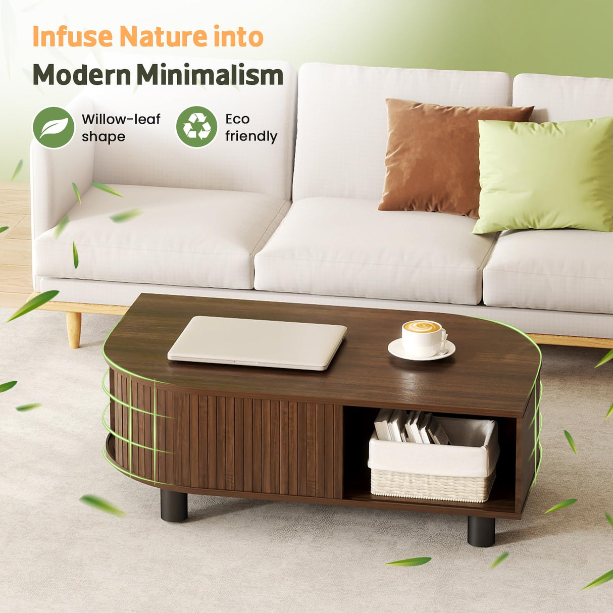 Lamtor Leaf-Shaped Fluted 39.4" Coffee Table with Storage, Mid Century Wooden Center Table, Modern Central Table with Sliding Door & Large Hidden Compartment, for Living Room Home Office, Walnut Lamtor