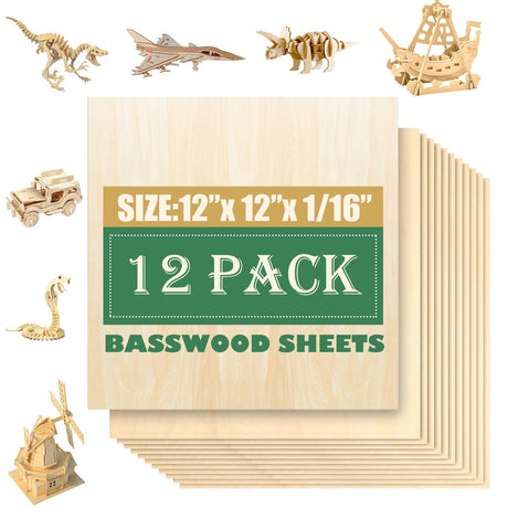 12 Pack 12"x12"Basswood Sheets 1/16",1.5mm Basswood for Laser Cutting,Craft Wood,Unfinished Wood,1.5mm Plywood for Laser Cutting,Wood for Laser Cutting and Engraving,1/16 Plywood for Laser Cutting QSJQllo