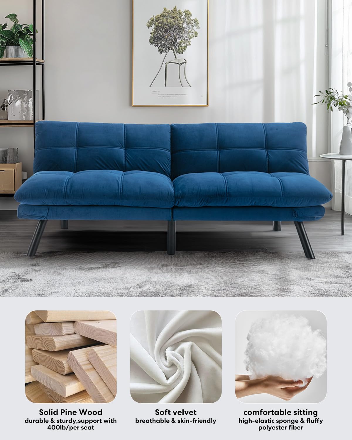 Miscoos Velvet Convertible Futon Sofa Bed, 71" Comfy Loveseat Sleeper Sofa with Adjustable Backrest Armrest, Strengthen Wood, Thick Padded Cushion, Small 2 Seater Futon Couch for Living Room, Bedroom Miscoos