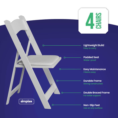 4 White Resin Stackable Folding Chairs - Comfortable White Foldable Chair - Folding Chairs with Padded Seats - Indoor/Outdoor Folding Chairs for Events - Lightweight Foldable Chairs (4 Pack) - WoodArtSupply