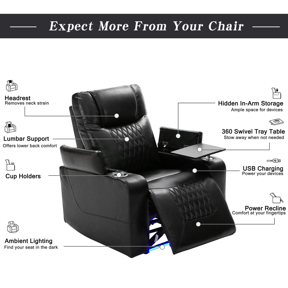 Merax Electric recliner chair with USB Charge Port, 360 Swivel Tray Table, Hand in-Arm Storage, and Cup Holders, ambient lighting Gaming Home Theater Seating Merax