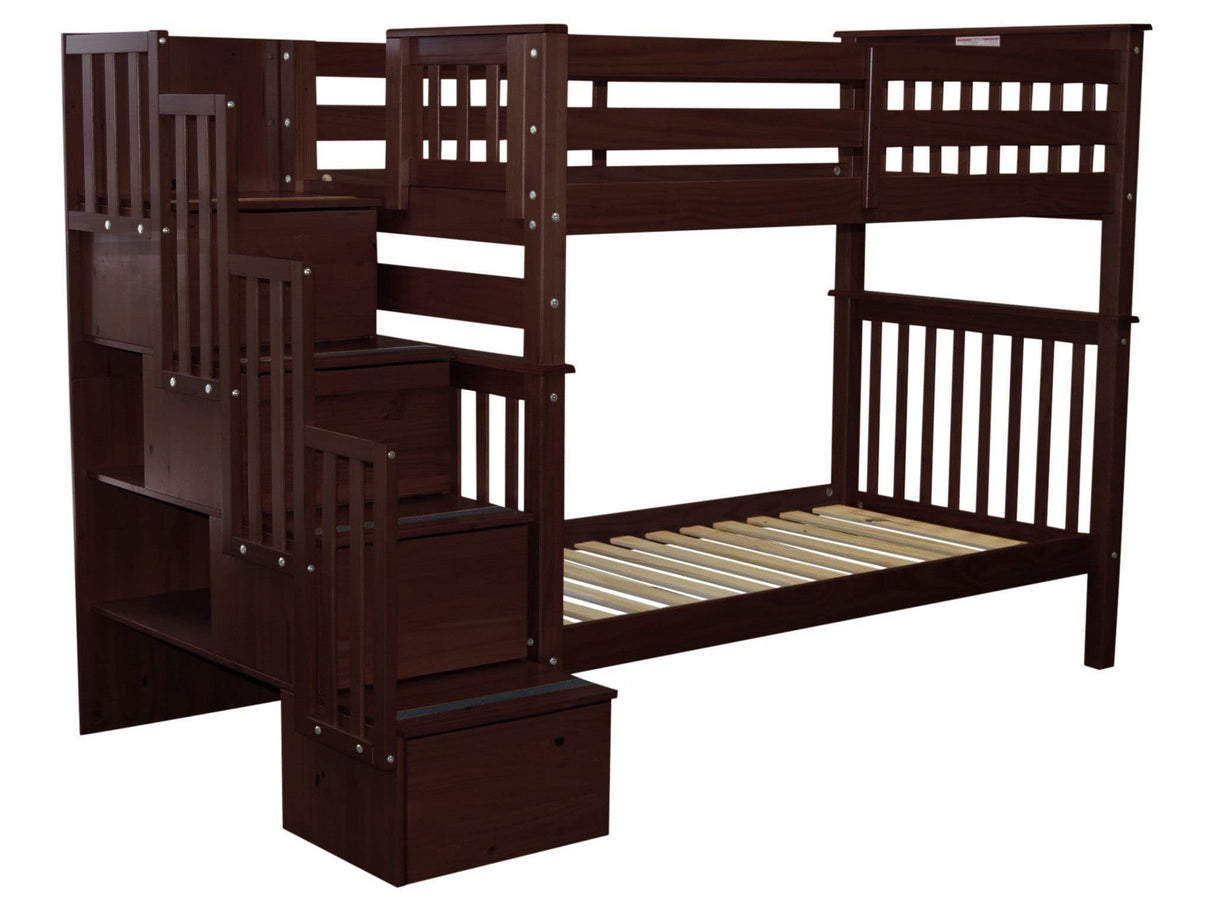 Bedz King Tall Stairway Bunk Beds Twin over Twin with 4 Drawers in the Steps, Dark Cherry Bedz King