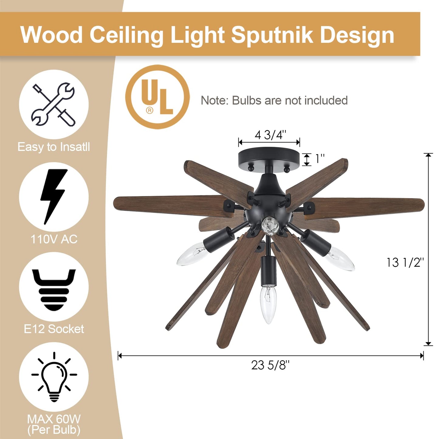 VANZARLA 4-Light Sputnik Semi Flush Mount Light Black, Wood Hallway Lights, Farmhouse Light Fixture for Kitchen, Rustic Close to Ceiling Light Fixture for Entryway Laundry Nursery Bedroom