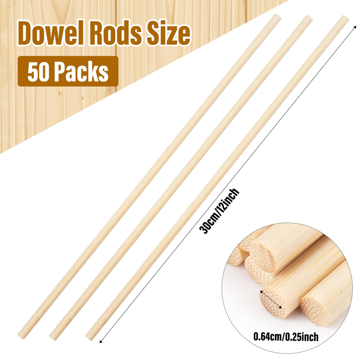 50Pcs Wooden Dowel Rods 1/4 x 12 Inch Wood Sticks for Crafts, Precut Wooden Rod Sticks Natural Wood Dowels for Craft and DIY Projects, Cake Dowels Hardwood Craft Dowel Rods Rclxl