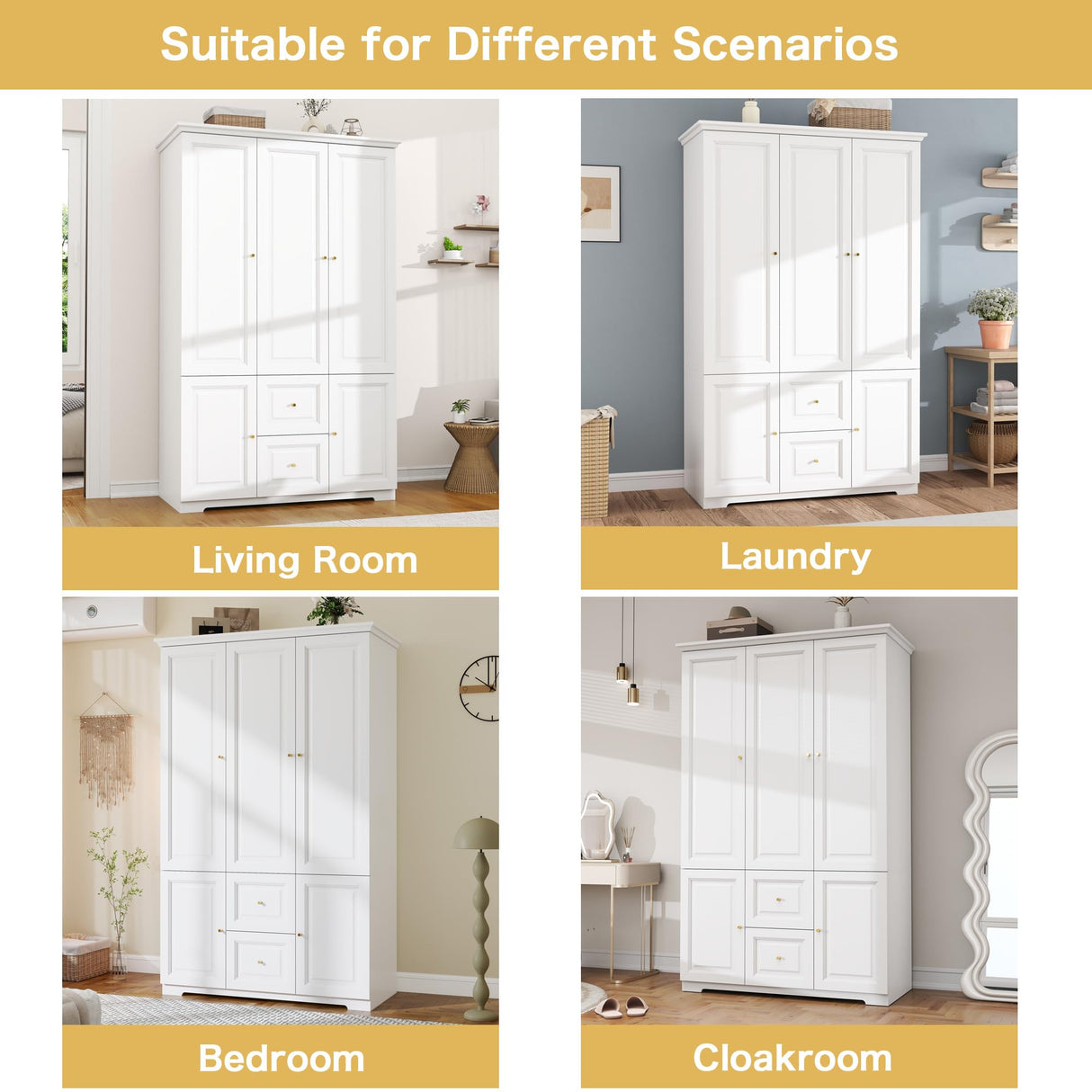 LABROSKIA White Wardrobe with 2 Drawers: 74" Large Wardrobe Closet for Hanging Clothes, Tall Armoire Closet with 2 Doors, Bedroom Armoires with Hanging Rod (47") LABROSKIA