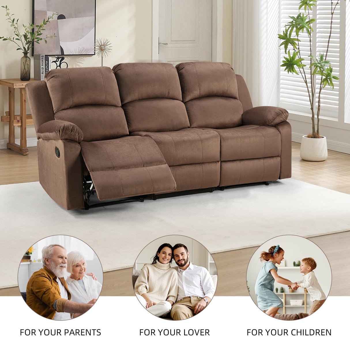 EBELLO 3 Seat Recliner Sofa for Living Room, Soft Microfiber Reclining Couch with Overstuffed Arms and Backrest for Home and Office, Brown EBELLO